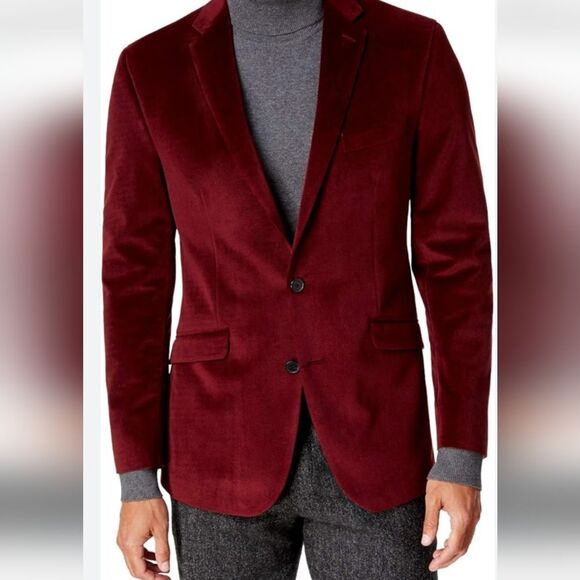 INC International Concepts Red Velvet Blazer with Notched Lapels - Picture 1 of 16